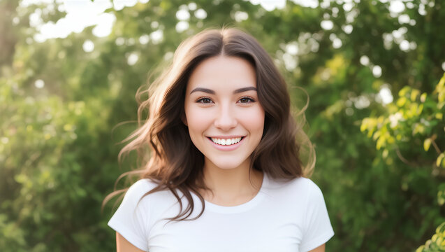 Portrait of young natural happy woman, brown hair, white t-shirt and green blurry background. Generative AI