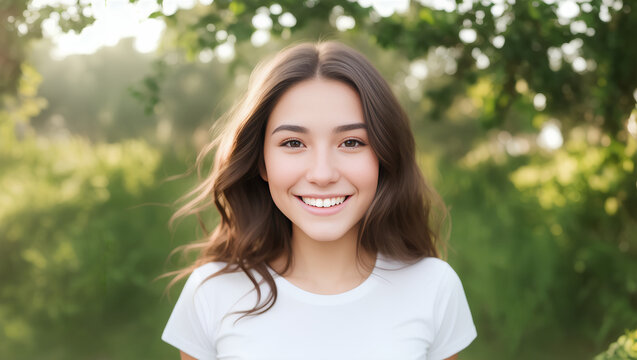 Portrait of young teenager girl with smile, brown hair, white t-shirt and green blurry background. Generative AI