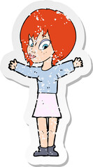 retro distressed sticker of a cartoon woman with open arms