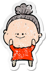 distressed sticker of a cartoon happy old woman