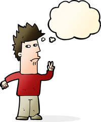 cartoon man giving peace sign with thought bubble