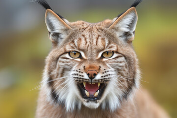 Obraz premium angry lynx with ears back and showing teeth looking at camera.