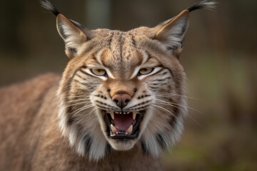 Obraz premium angry lynx with ears back and showing teeth looking at camera.