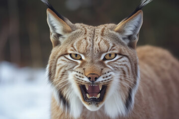 Obraz premium angry lynx with ears back and showing teeth looking at camera.