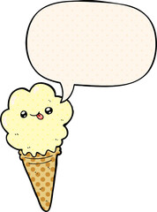 cartoon ice cream and speech bubble in comic book style
