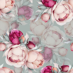 Seamless summer pattern with watercolor flowers handmade on a gray green background