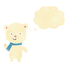 cartoon waving polar bear cub with scarf with thought bubble
