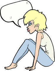 cartoon woman sitting with speech bubble