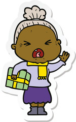 sticker of a cartoon angry old woman