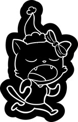 cartoon icon of a yawning cat wearing santa hat