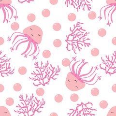 Childish seamless pattern with jellyfish and corals in pink. Vector pattern with marine life in a flat style.