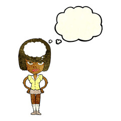 cartoon woman thinking with thought bubble