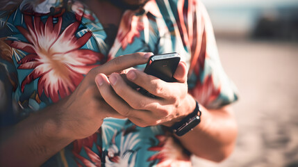 Boy in a Hawaiian shirt on vacation at the beach using his mobile phone. Generative ai - obrazy, fototapety, plakaty