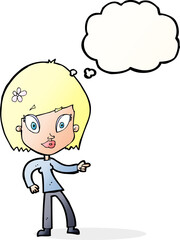 cartoon pretty woman pointing with thought bubble