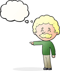 cartoon man with mustache pointing with thought bubble