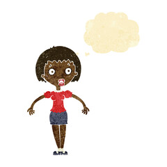 cartoon confused woman shrugging shoulders with thought bubble