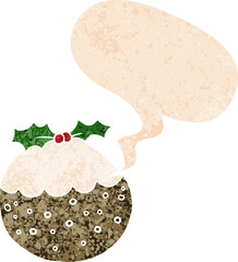 cartoon christmas pudding and speech bubble in retro textured style