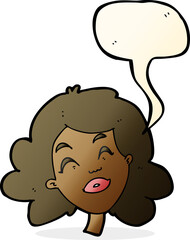 cartoon happy female face with speech bubble