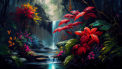Background with tropical foliage, blossom flowers, and a waterfall. Generative AI