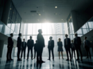 Business team standing in an office blurred background image of a group of corporate employees in the office lobby, young positive diverse coworkers in modern office. wearing suits business people