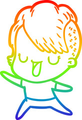 rainbow gradient line drawing cute cartoon girl with hipster haircut