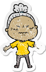 distressed sticker of a cartoon annoyed old lady