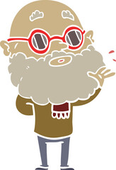 flat color style cartoon curious man with beard and sunglasses