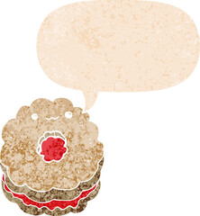 cartoon biscuit and speech bubble in retro textured style