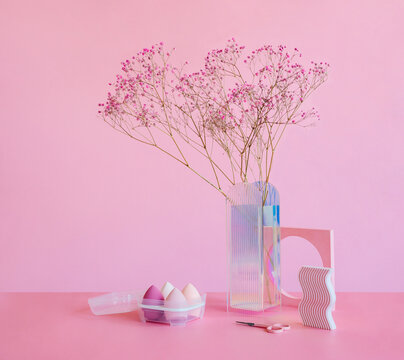 Set of flowers, makeu sponges, scissors and abstract objects