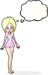 cartoon woman in short dress with thought bubble