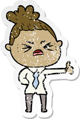 distressed sticker of a cartoon angry woman