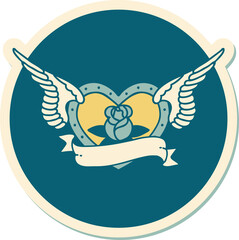 tattoo style sticker of a flying heart with flowers and banner