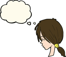 cartoon girl looking thoughtful with thought bubble