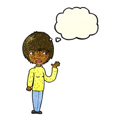 cartoon woman waving with thought bubble