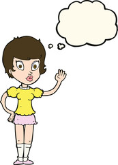 cartoon pretty girl waving with thought bubble