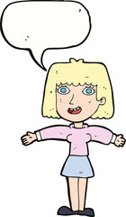 cartoon excited woman with speech bubble