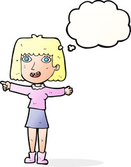 cartoon happy woman pointing with thought bubble