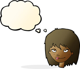 cartoon smiling woman with thought bubble
