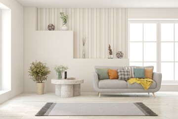 White living room with sofa. Scandinavian interior design. 3D illustration