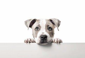 Adorable American Staffordshire Terrier Puppy Peeking Out from Behind White Table with Copy Space, Isolated on White Background. Generative AI.