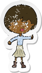 retro distressed sticker of a cartoon woman asking question