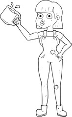 black and white cartoon female worker with coffee mug