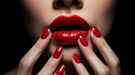 Detail of woman's mouth and hands wearing red lipstick and nail varnish - obrazy, fototapety, plakaty