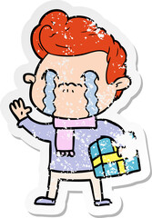 distressed sticker of a cartoon man crying