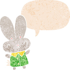 cute cartoon tiny rabbit and speech bubble in retro textured style