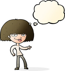 cartoon happy woman pointing with thought bubble