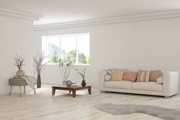 Modern interior concept with sofa and summer landscape in window. 3D illustration