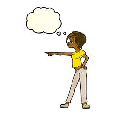 cartoon woman pointing with thought bubble