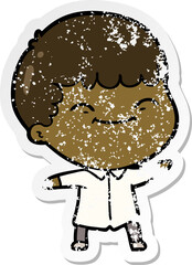 distressed sticker of a cartoon happy boy
