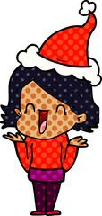 comic book style illustration of a happy woman wearing santa hat